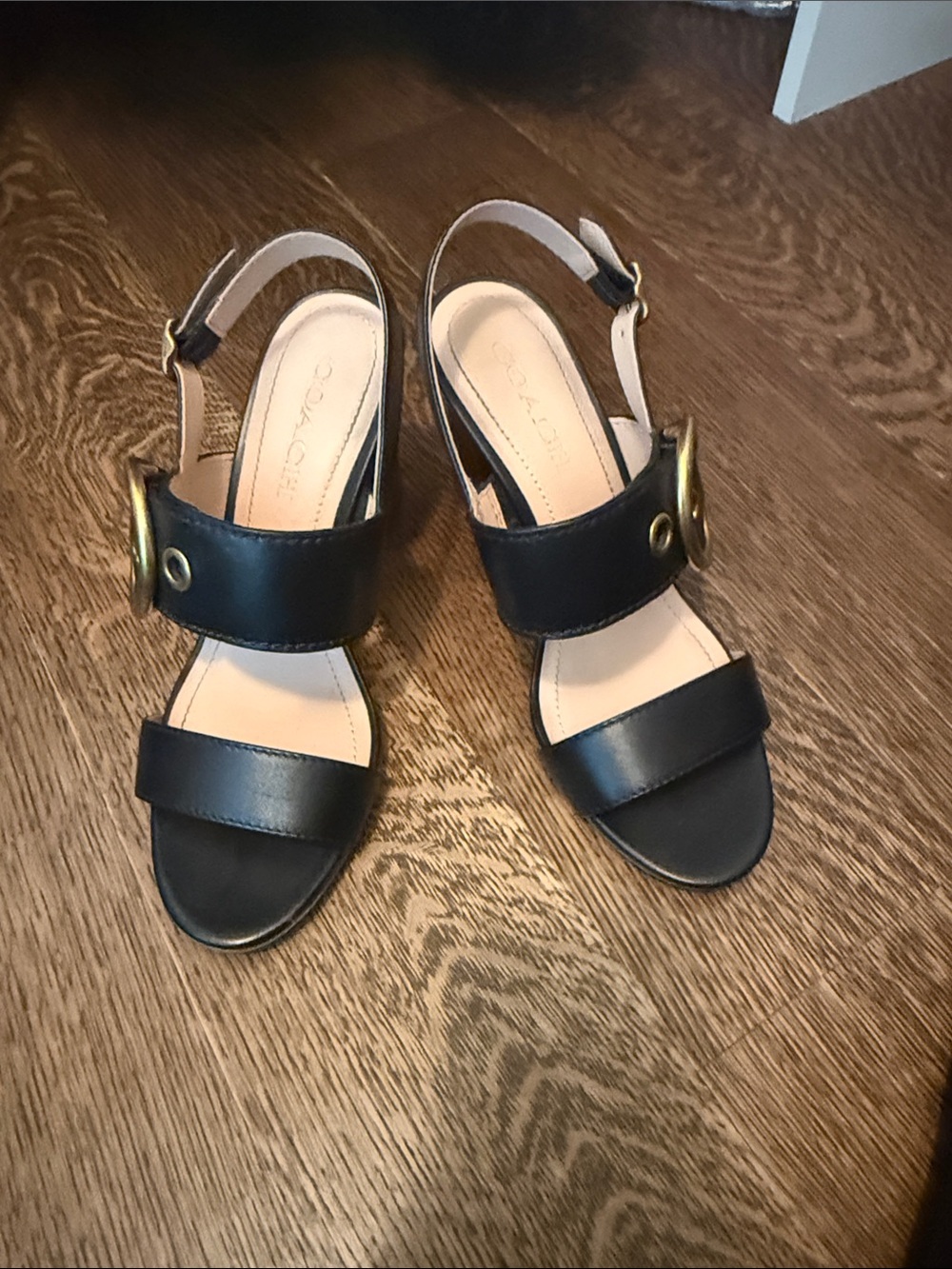 Coach Black Leather Slingback Sandals with Gold Accent Buckles